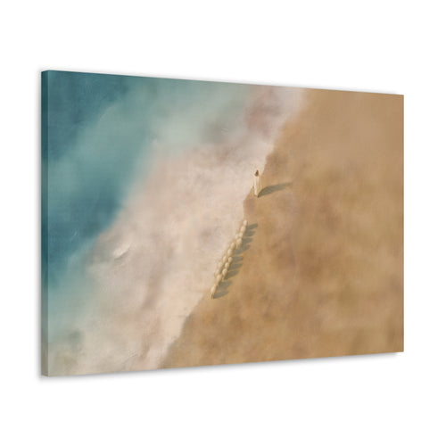 Abstract artwork with a gradient of blue, green, and brown tones. 