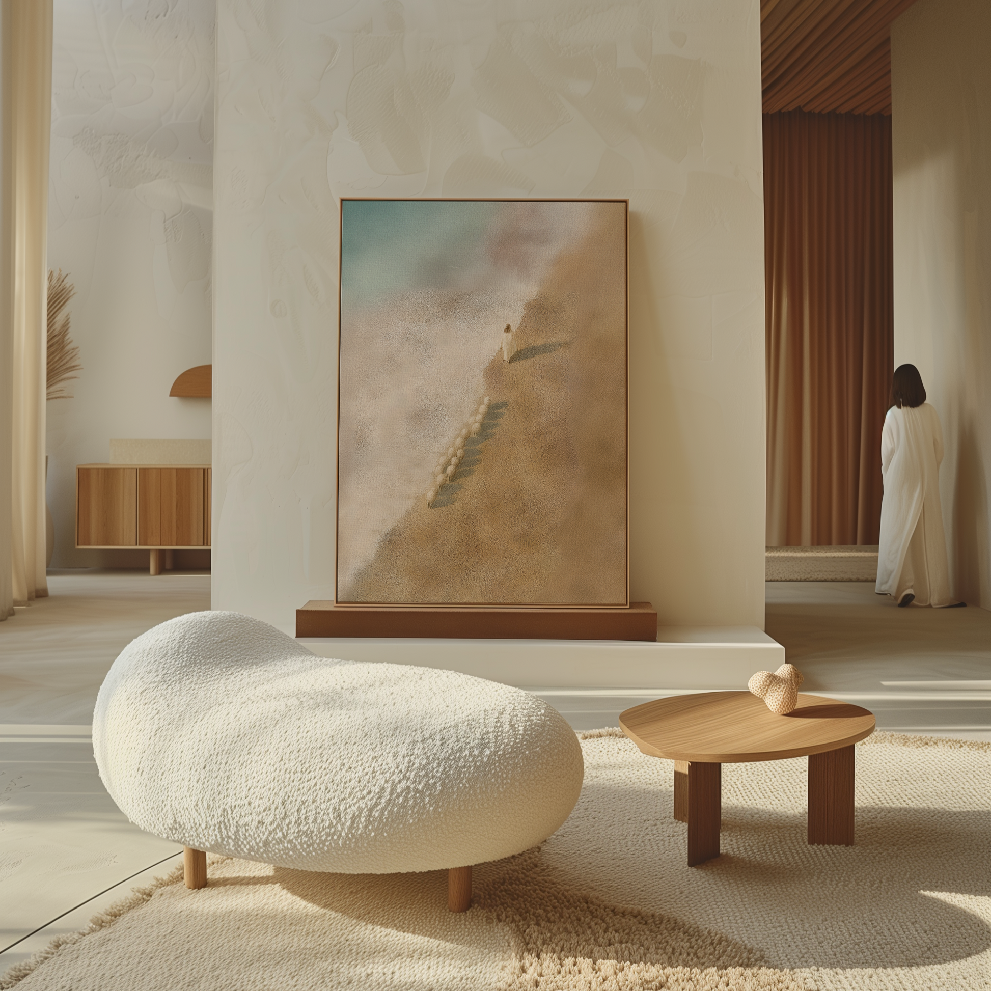 Modern interior with a textured white ottoman, wooden table, and abstract painting.