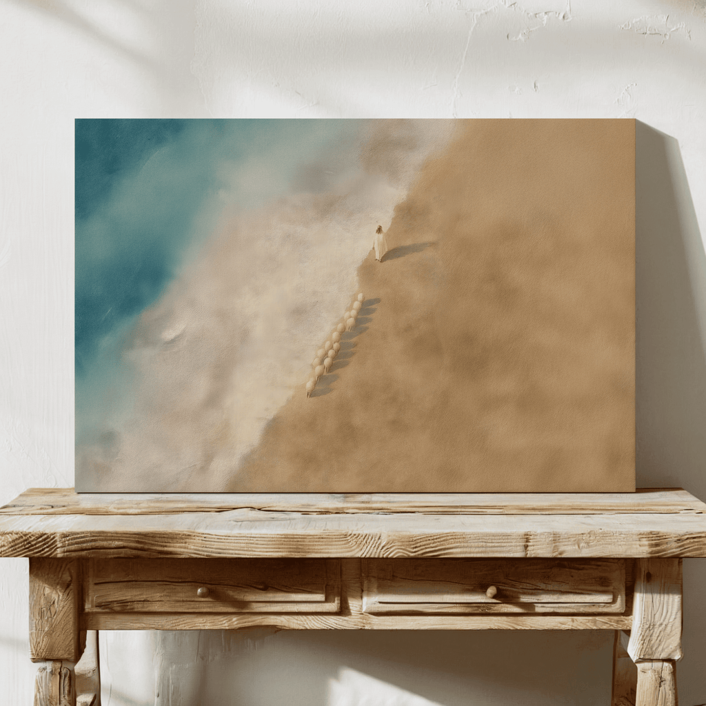 Canvas print of a desert landscape on a wooden table against a white wall