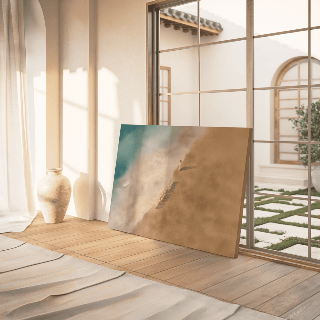 Modern interior with a large abstract painting leaning against a wall. Christian art. Jesus Christ walking in the beach and sheep following him.